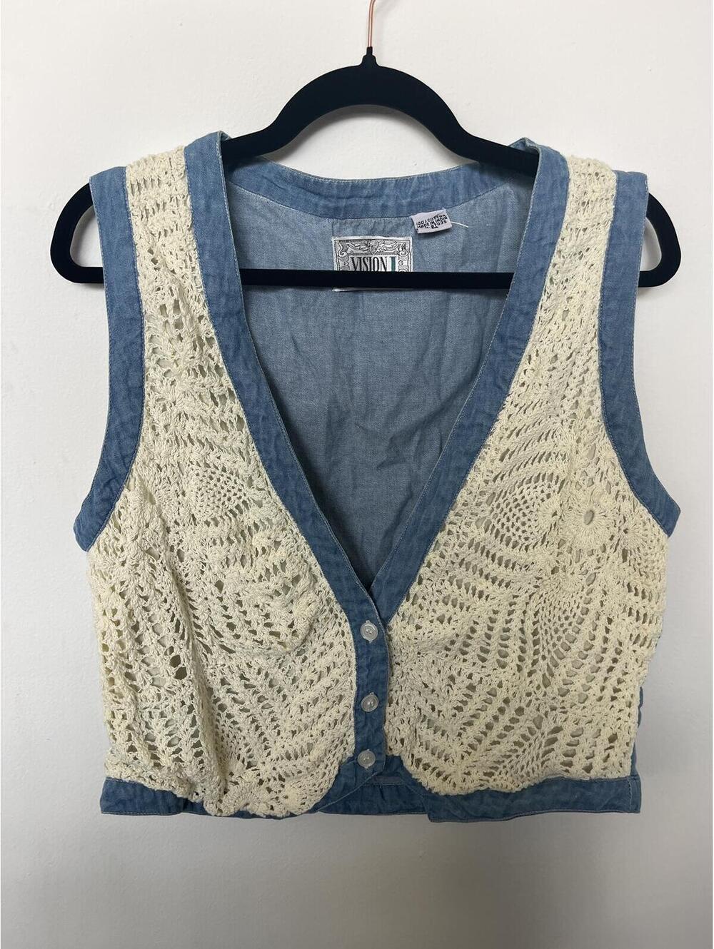 Vintage visions size medium 100% cotton crochet denim vest boho cottagecore